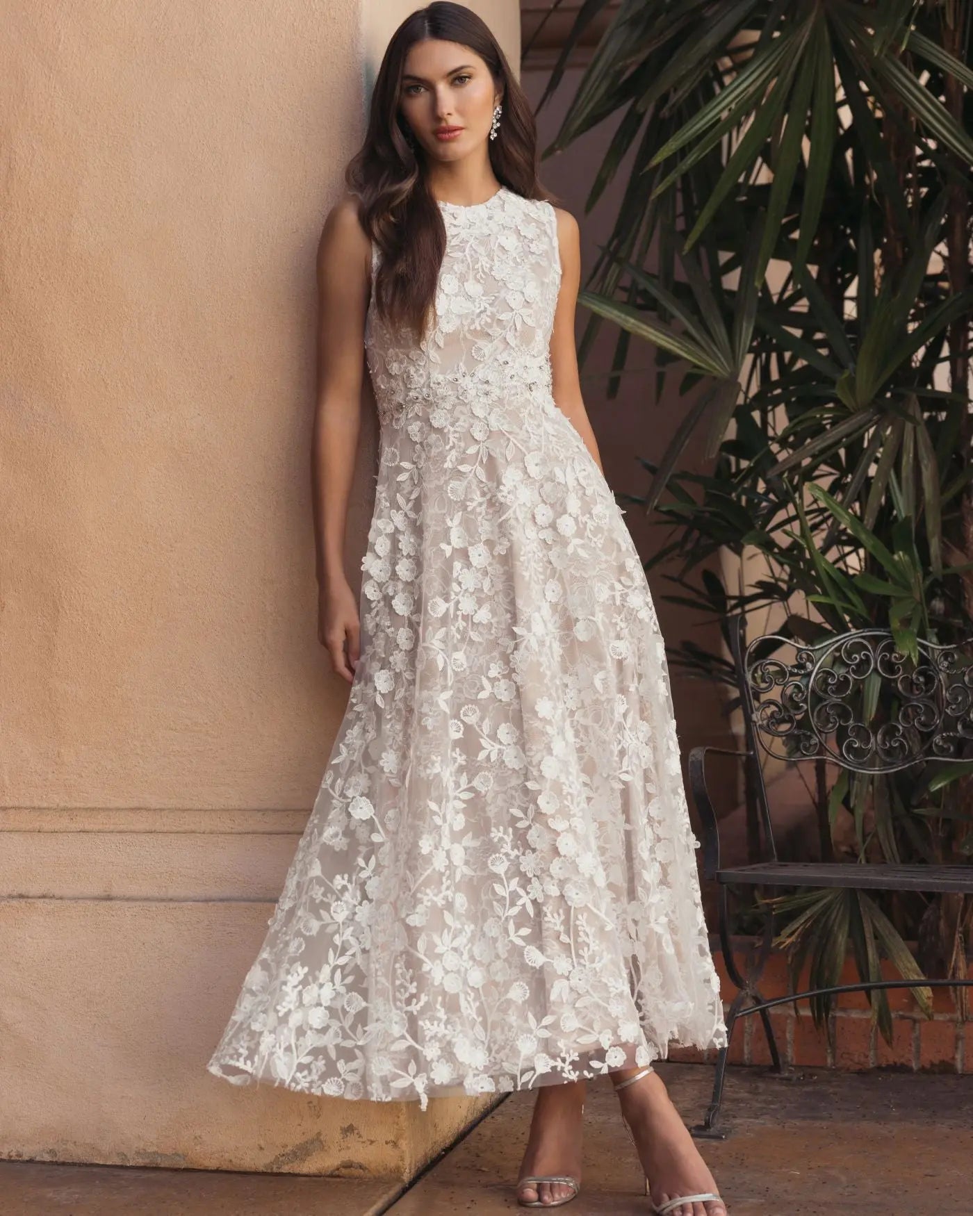 Ivory Floral Embroidered High Neck Midi Dress