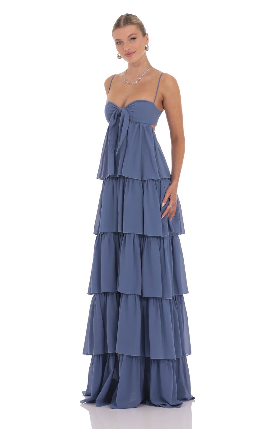 Chiffon Front Tie Ruffle Dress in Denim Blue
