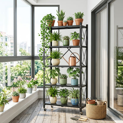 Space‑Saving Foldable Metal Shelving Unit, Freestanding Storage Rack with Lockable Rolling Casters