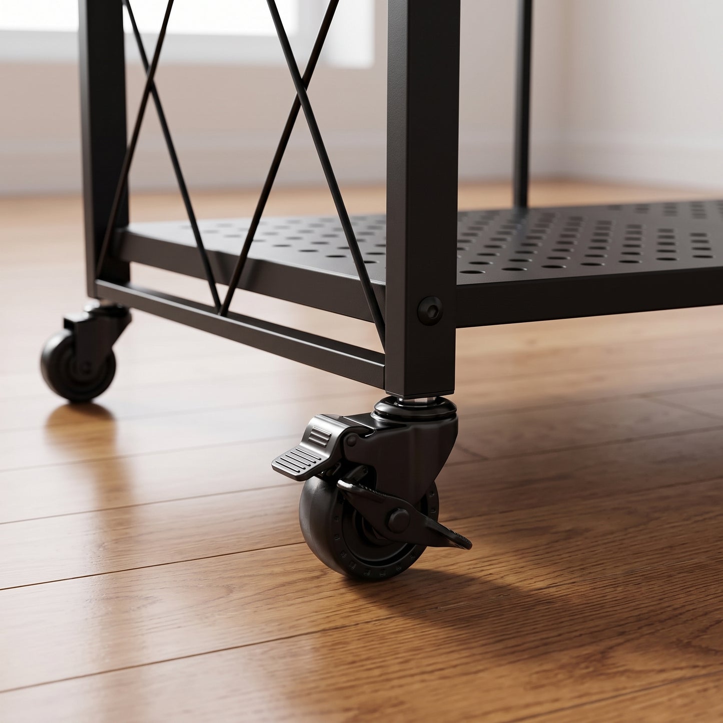 Space‑Saving Foldable Metal Shelving Unit, Freestanding Storage Rack with Lockable Rolling Casters