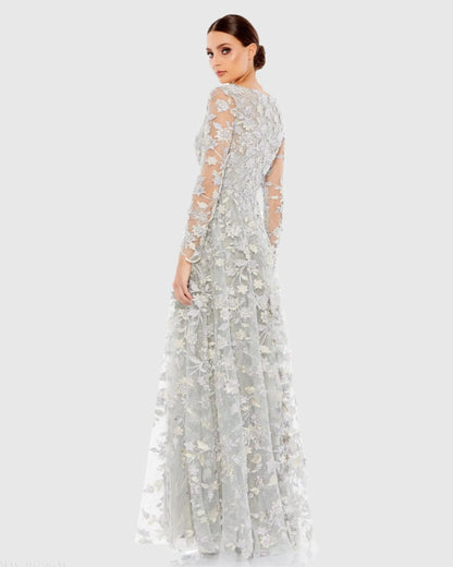 Gray Floral Applique Long Sleeve Illusion Gown
