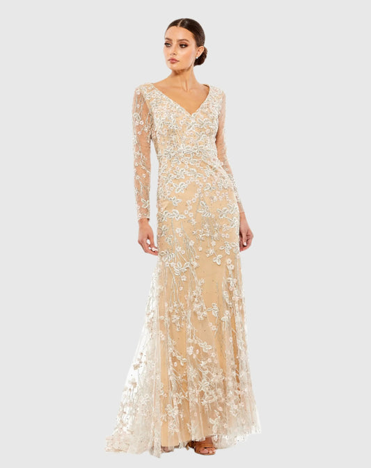 Beige Embroidered V Neck Long Sleeve Trumpet Gown - FINAL SALE