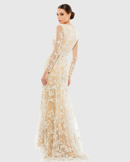 Beige Embroidered V Neck Long Sleeve Trumpet Gown - FINAL SALE