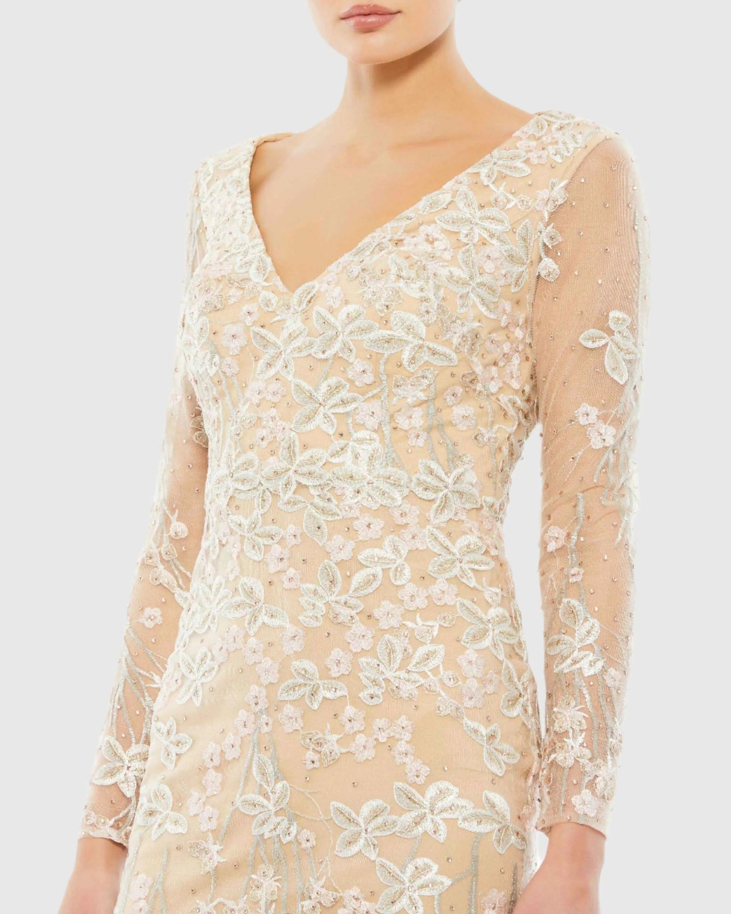 Beige Embroidered V Neck Long Sleeve Trumpet Gown - FINAL SALE