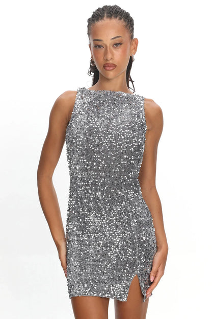 Bedazzle Keyhole Back Sequin Mini Dress Silver