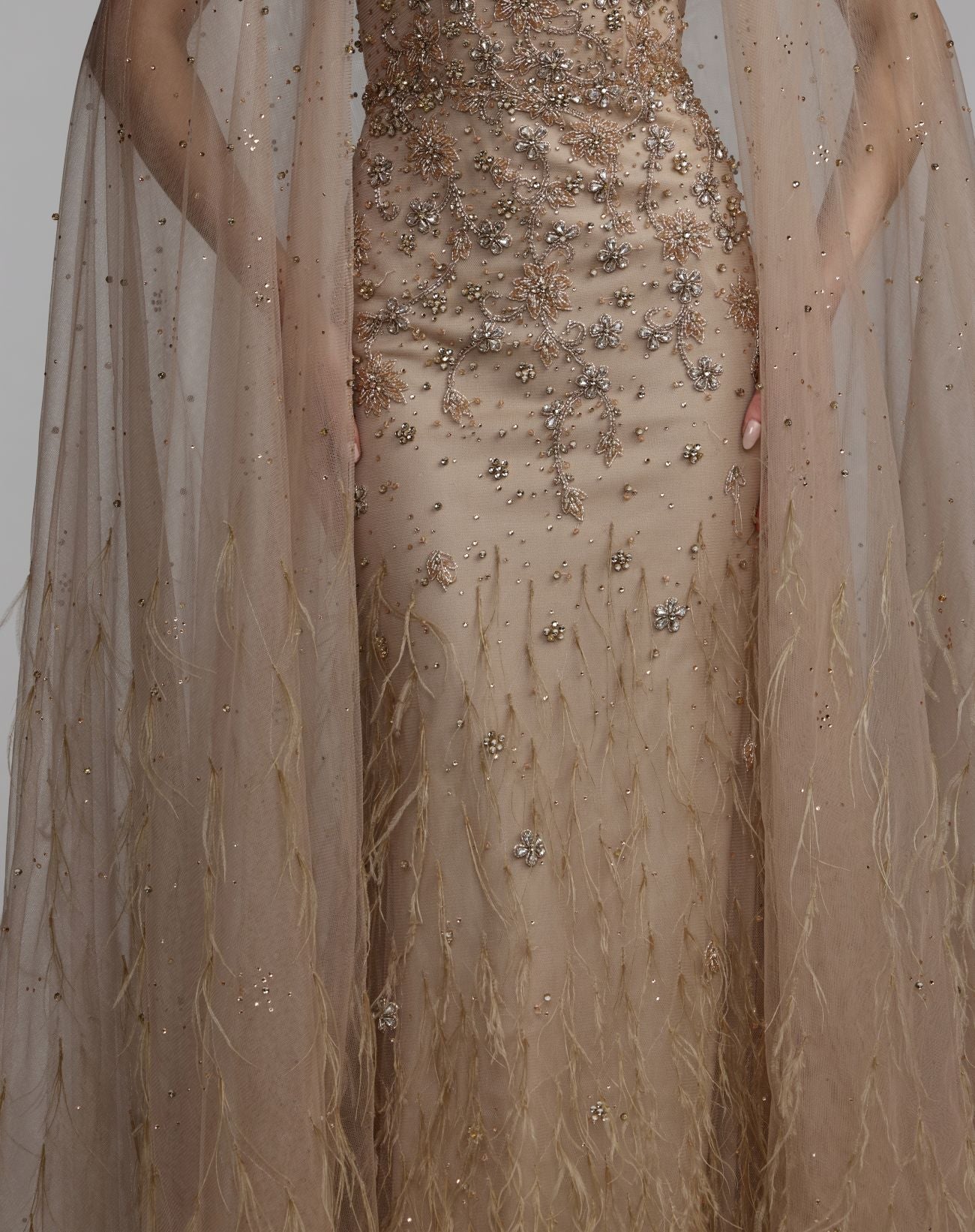 Beige Crystal Embellished Cape Gown with Feathers