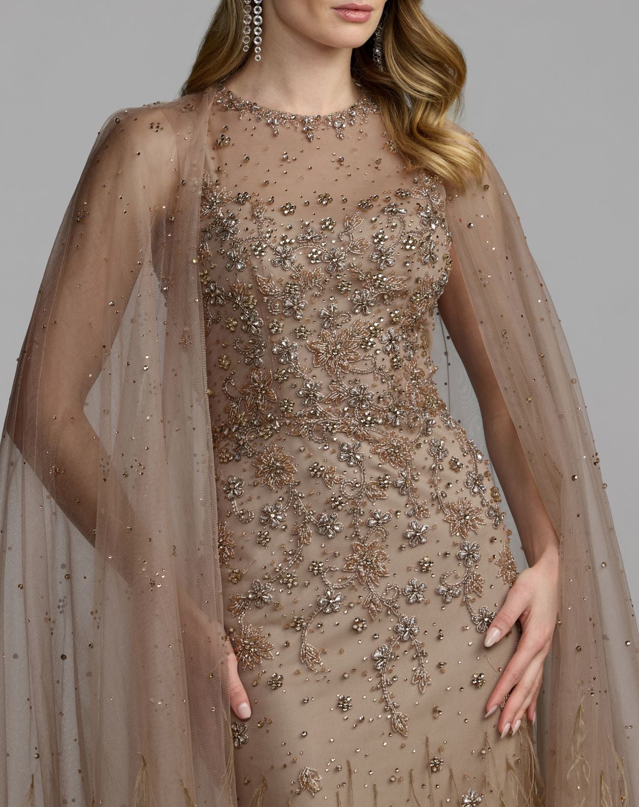 Beige Crystal Embellished Cape Gown with Feathers