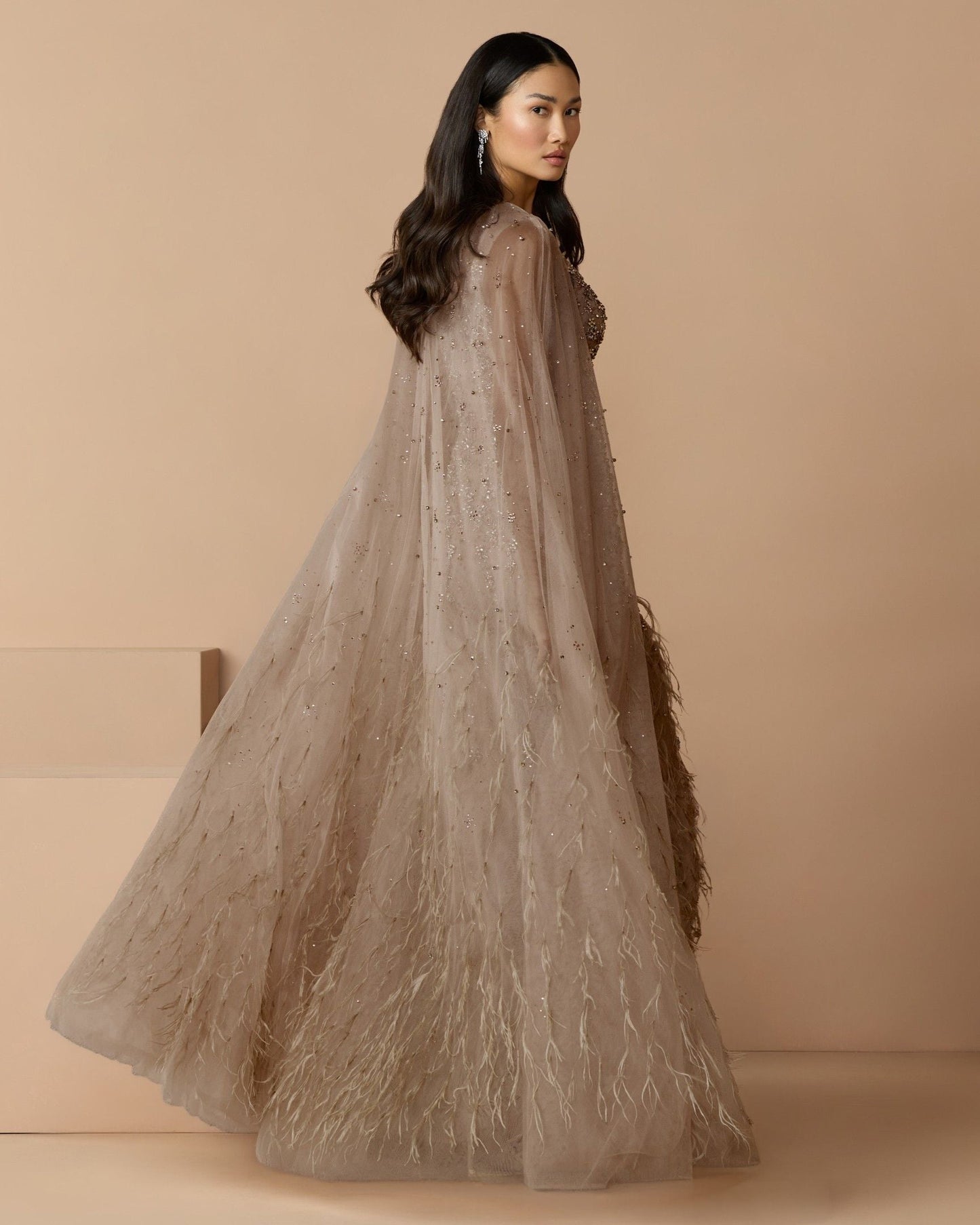 Beige Crystal Embellished Cape Gown with Feathers