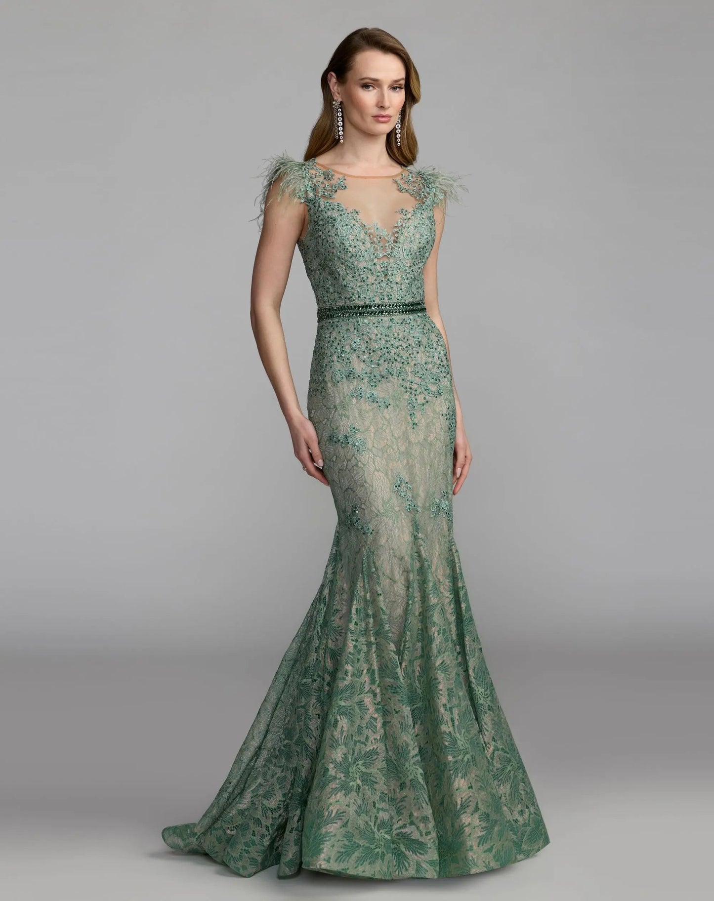 Green Embellished Lace High Neck Gown With Feather Sleeves