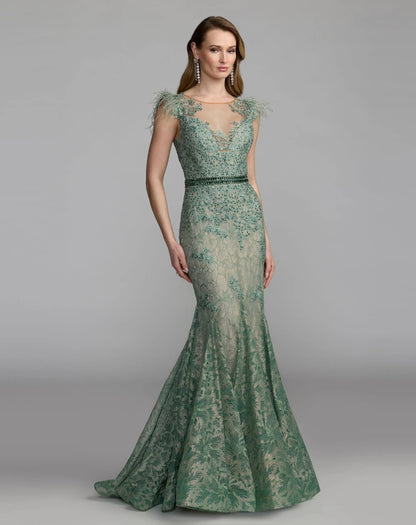 Green Embellished Lace High Neck Gown With Feather Sleeves