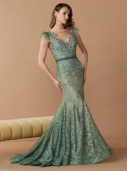 Green Embellished Lace High Neck Gown With Feather Sleeves