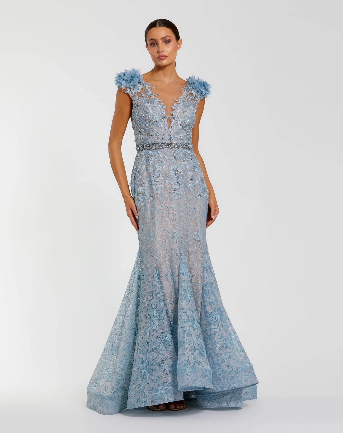 Blue Embellished Lace Illusion Neck Gown With 3D Flowers