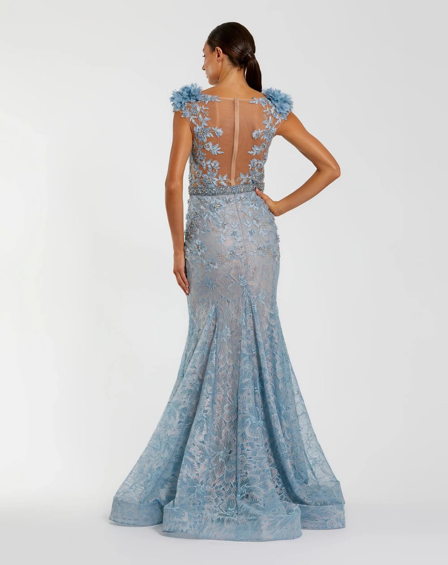 Blue Embellished Lace Illusion Neck Gown With 3D Flowers