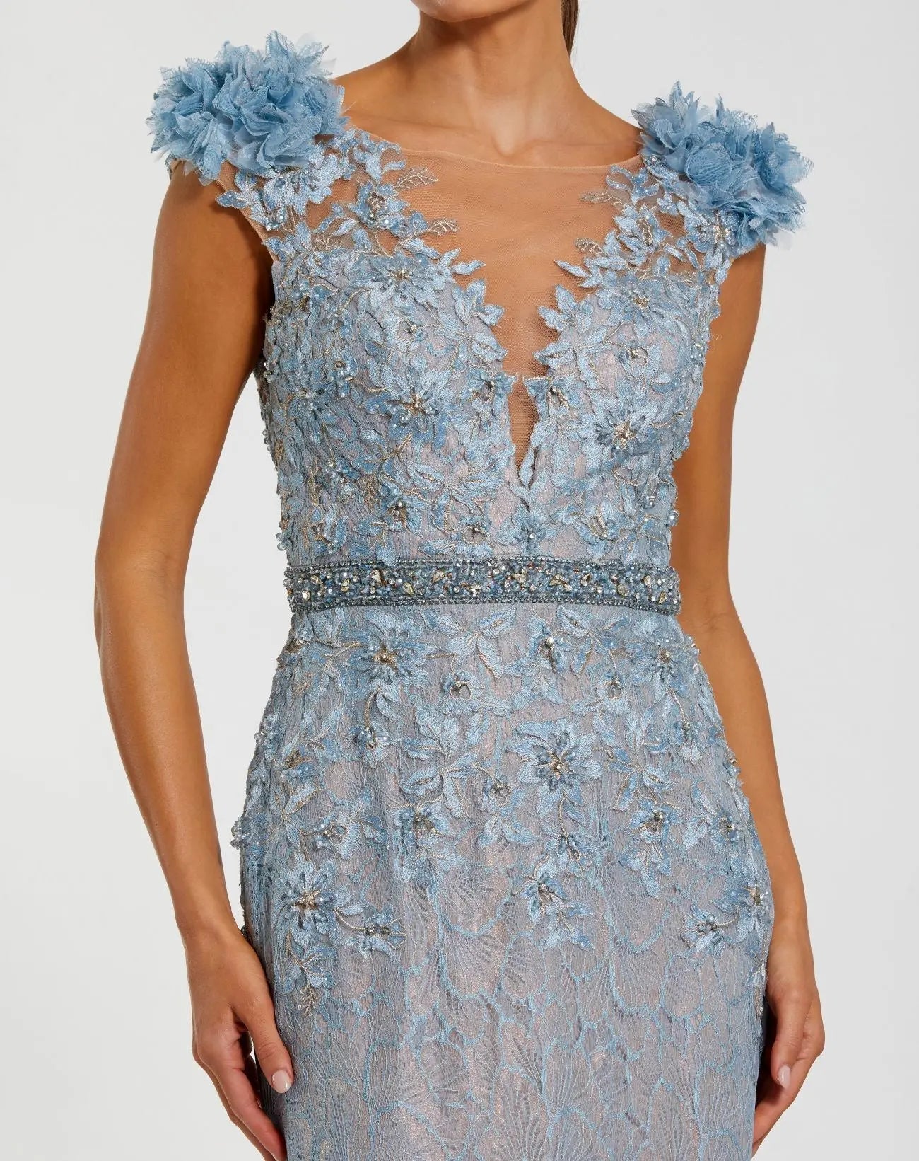 Blue Embellished Lace Illusion Neck Gown With 3D Flowers