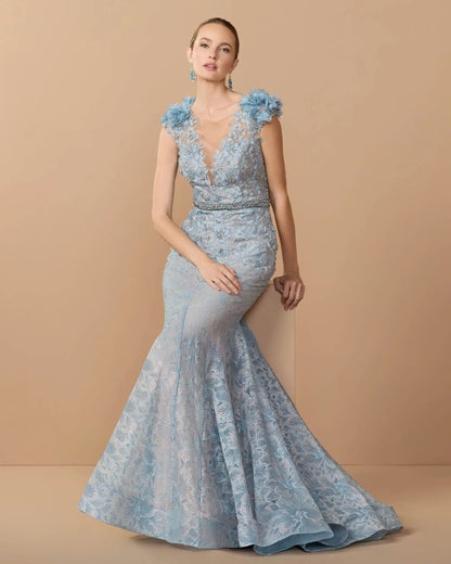 Blue Embellished Lace Illusion Neck Gown With 3D Flowers