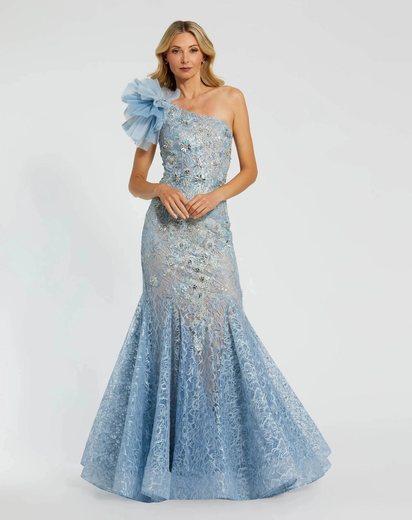 Blue Sleeveless One Shoulder Embroidered Mermaid Gown