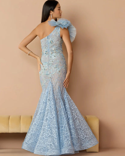 Blue Sleeveless One Shoulder Embroidered Mermaid Gown