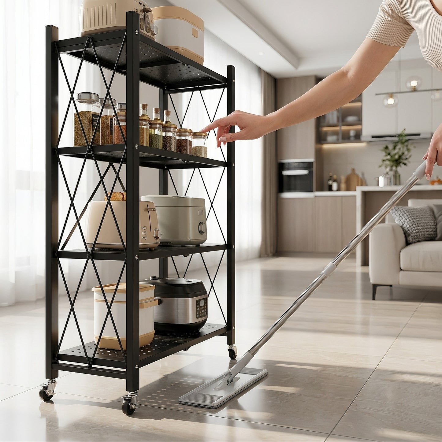Space‑Saving Foldable Metal Shelving Unit, Freestanding Storage Rack with Lockable Rolling Casters