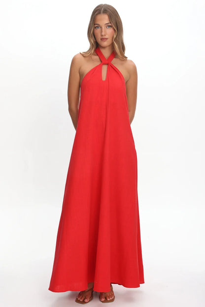 Cheer Twist Halterneck Maxi Dress Red