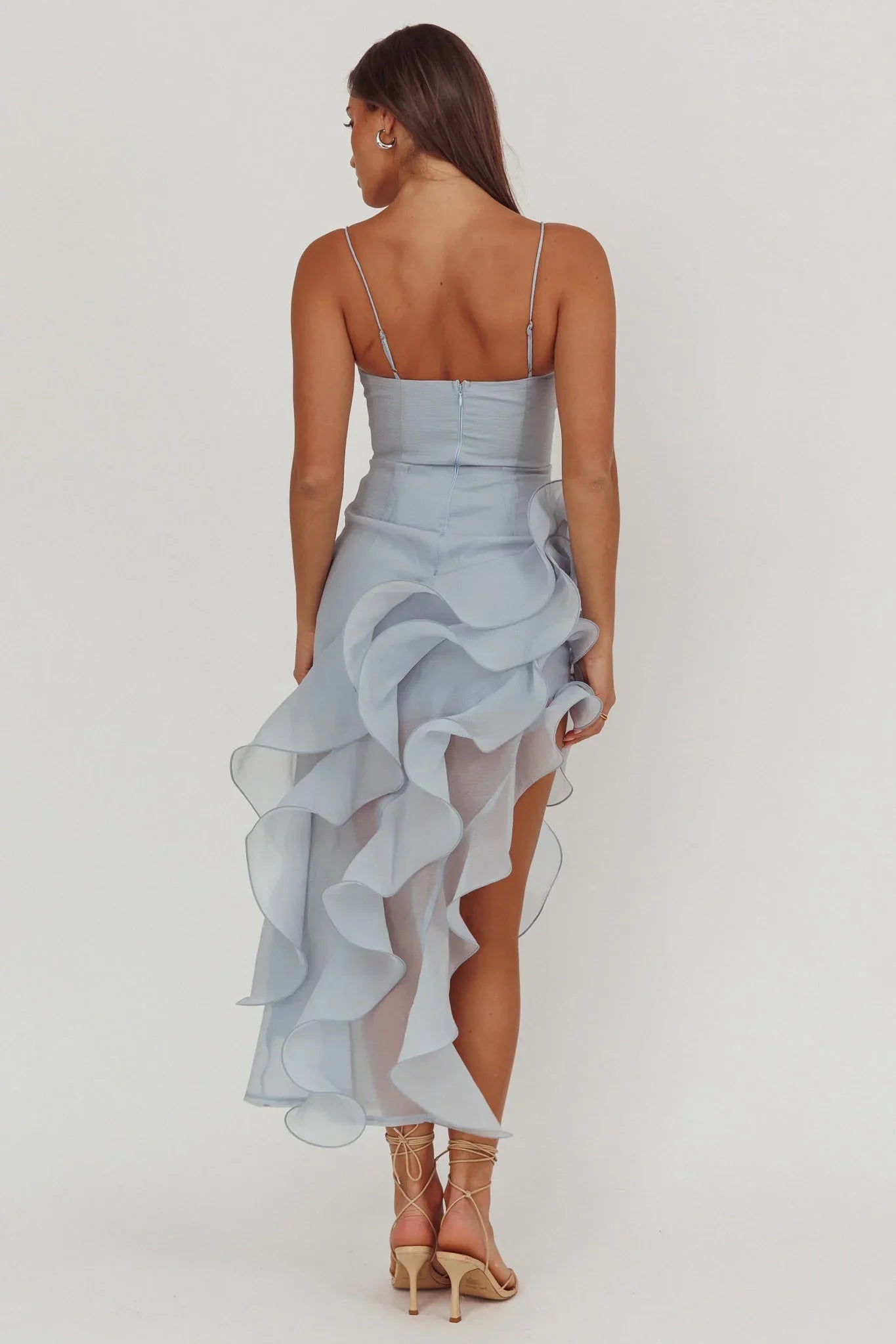 Charmayne Asymmetric Ruffle Trim Maxi Dress Blue