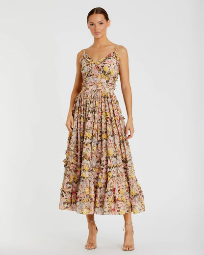 Beige Floral Printed Micro Ruffle Cotton Midi Dress