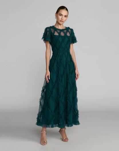 Blue Short Sleeve High Neck Ruffle Dress