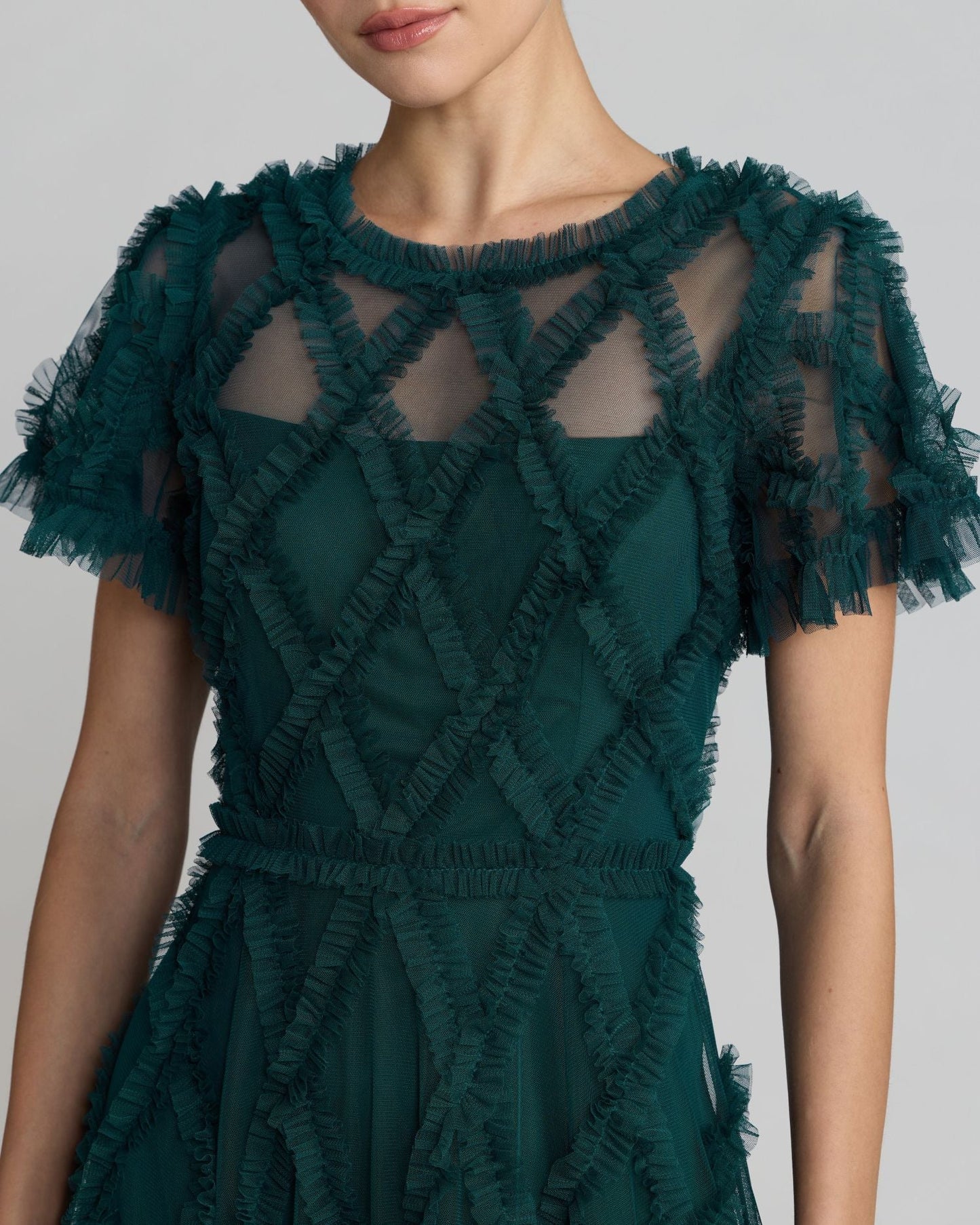 Blue Short Sleeve High Neck Ruffle Dress