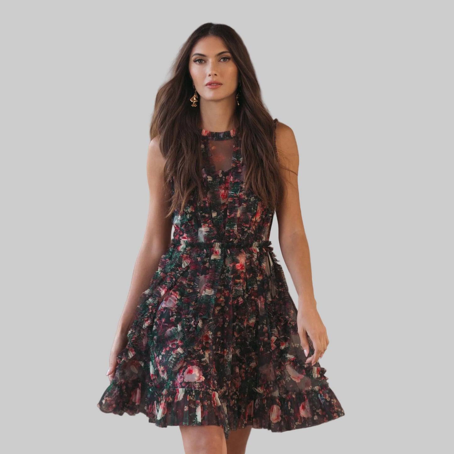 Black Multicolor Micro Ruffle Floral A-Line Mini Dress