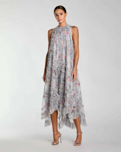 Gray Floral Ruffle High Neck Midi Dress