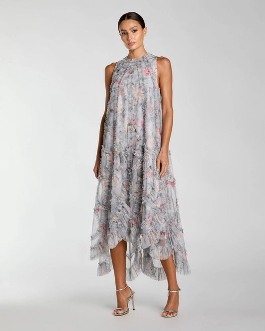 Gray Floral Ruffle High Neck Midi Dress