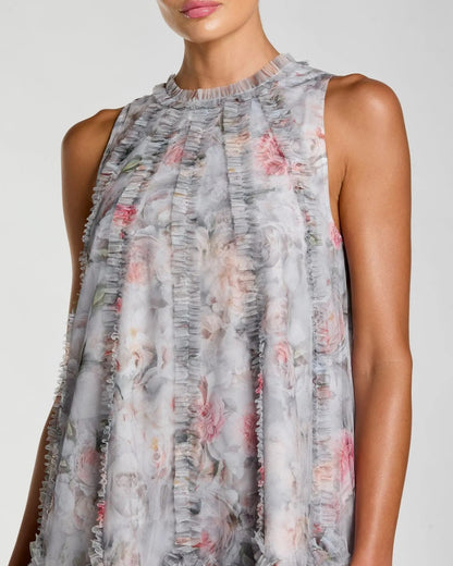 Gray Floral Ruffle High Neck Midi Dress