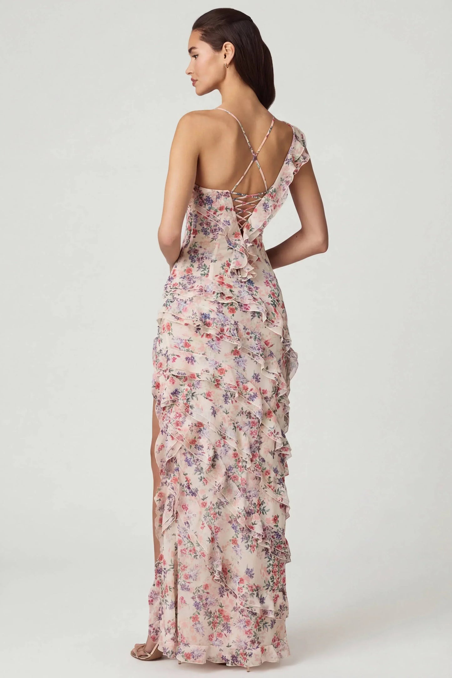 Asymmetric Ruffled Lace-Up Gown in Primrose Floral Print
