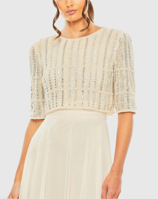 Beige Chiffon Gown w/ Fully Beaded 3/4 Sleeve Top