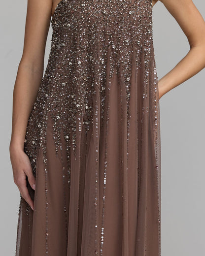 Brown One Shoulder Embellished Trapeze Gown