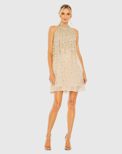 High Neck Sleeveless Sequin Embellished Trapeze Dress