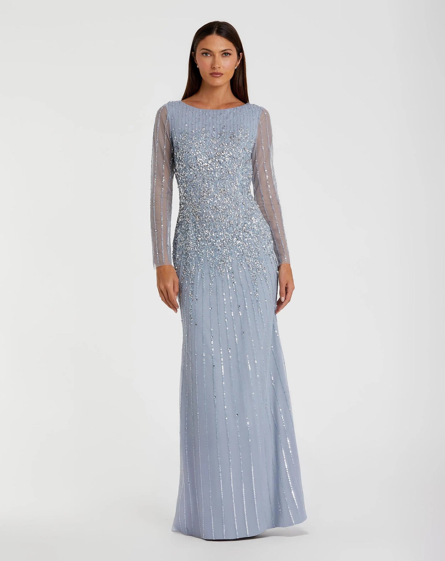 Blue Boat Neck Sequin Embellished Long Sleeve A Line Gown