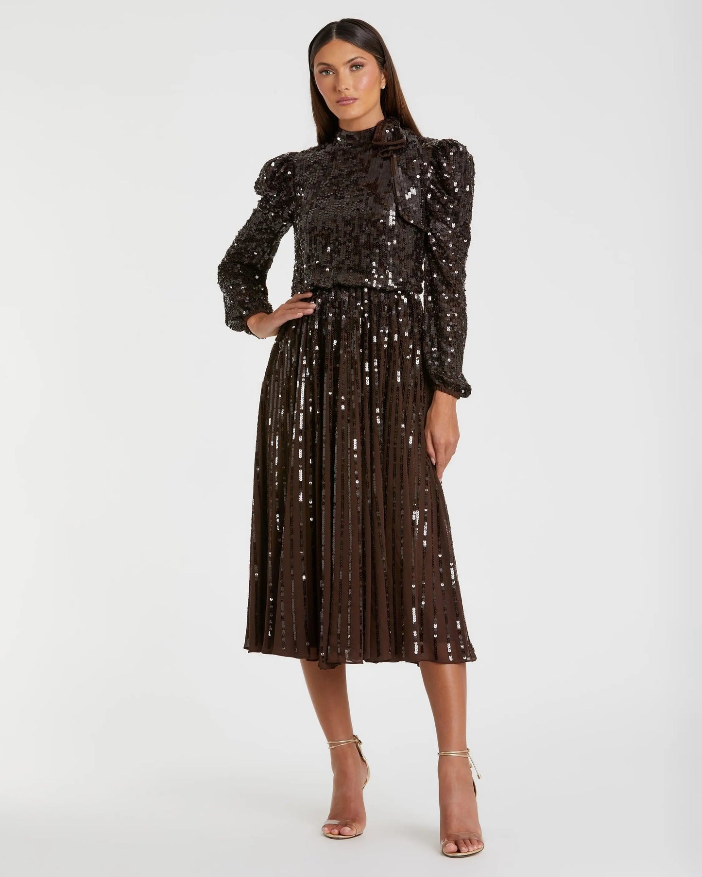 Brown Long Sleeve Sequin Tea Length Dress - FINAL SALE