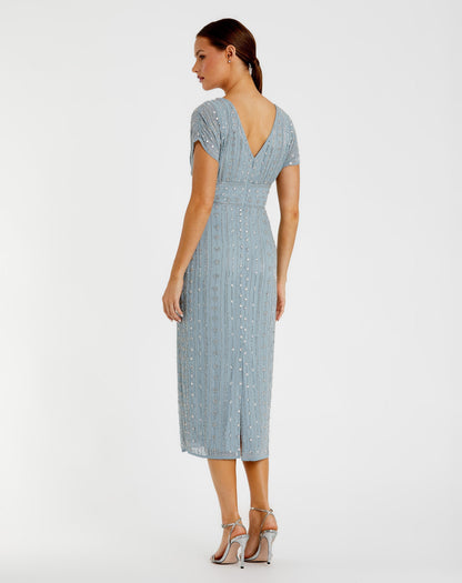 Blue Beaded Cap Sleeve Empire Waist Sheath Midi Dress