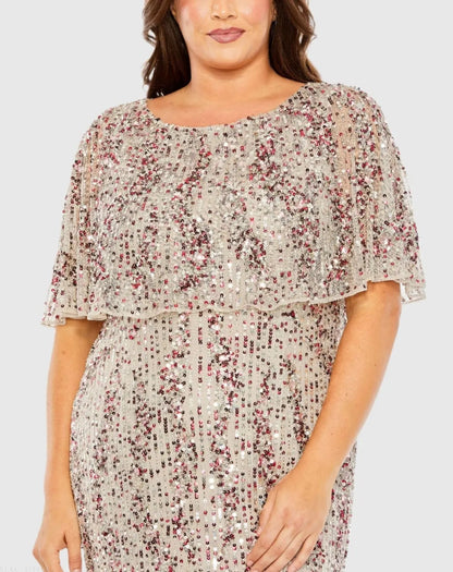 Beige High Neck Column Gown with Cape (Plus) - FINAL SALE