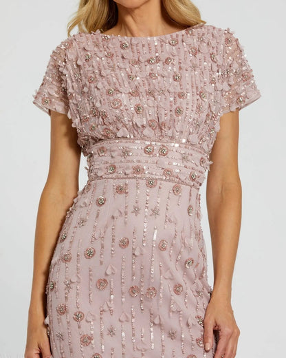Cap Sleeve Sheath Midi Dress With Floral Beading