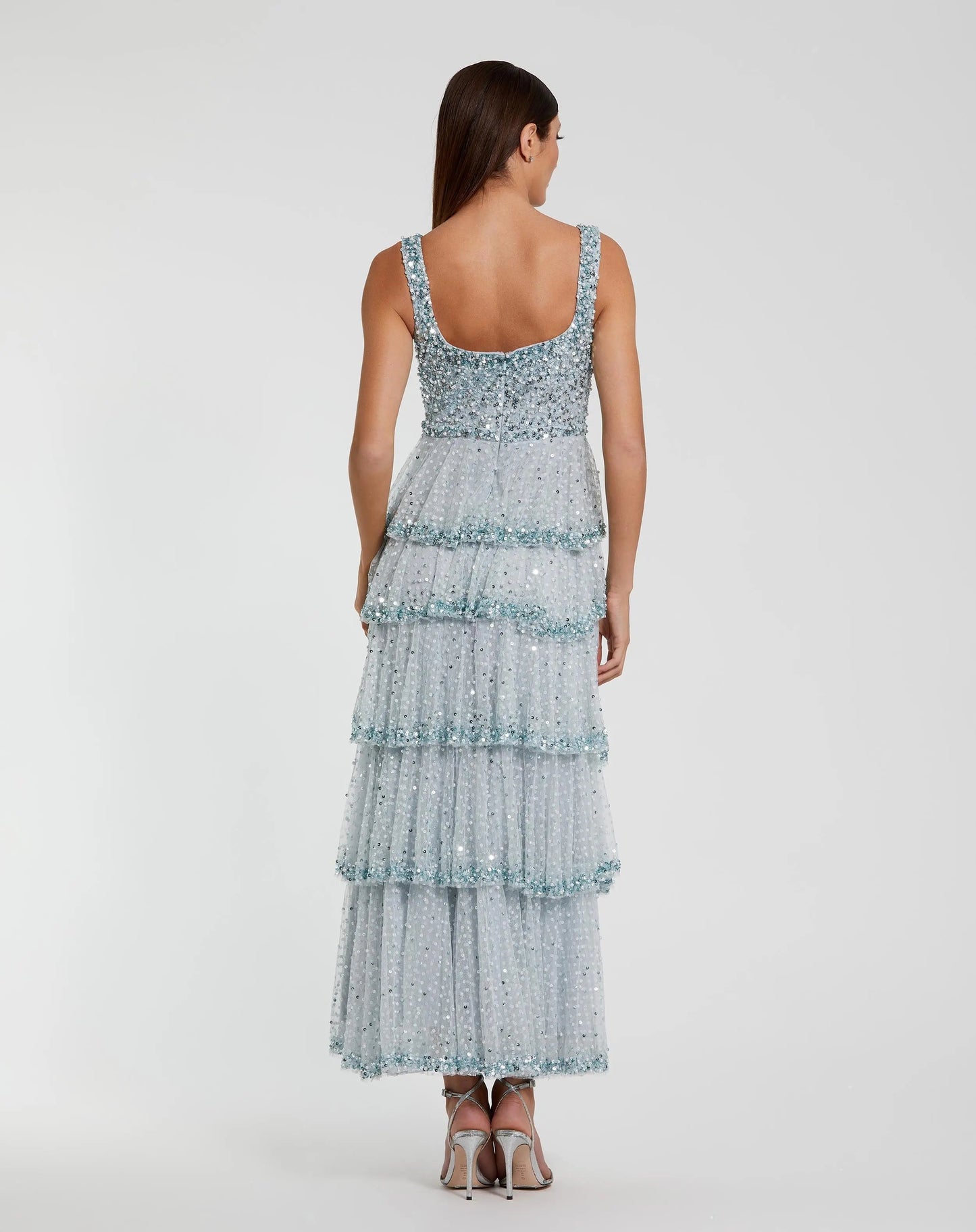 Blue Square Neck Embellished Ruffle Maxi Dress