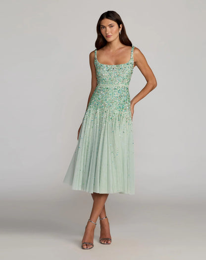 Green Beaded Sleeveless Scoop Neck Midi Dress