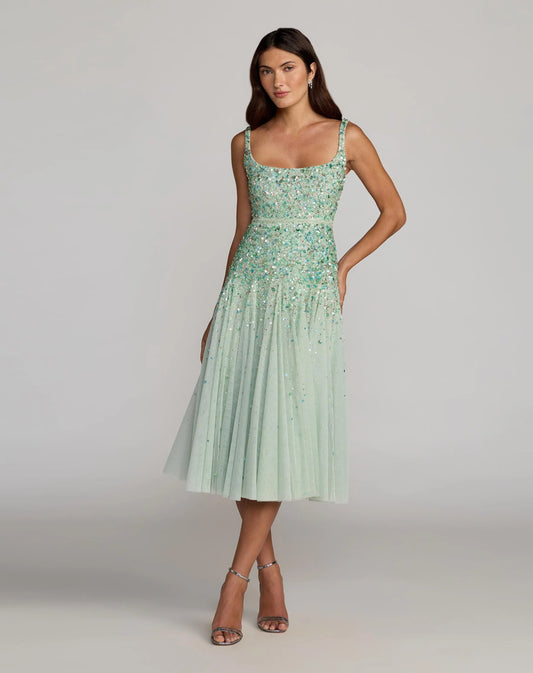 Green Beaded Sleeveless Scoop Neck Midi Dress