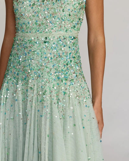Green Beaded Sleeveless Scoop Neck Midi Dress