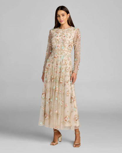 Beige Floral Embellished Long Sleeve Midi Dress