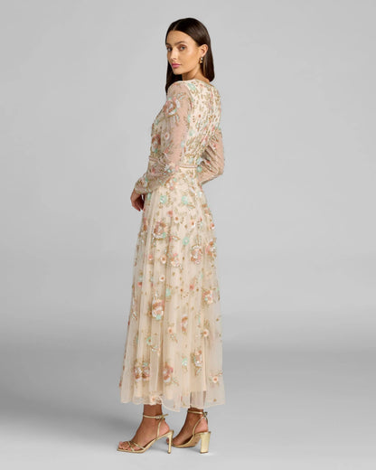 Beige Floral Embellished Long Sleeve Midi Dress