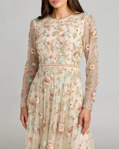 Beige Floral Embellished Long Sleeve Midi Dress