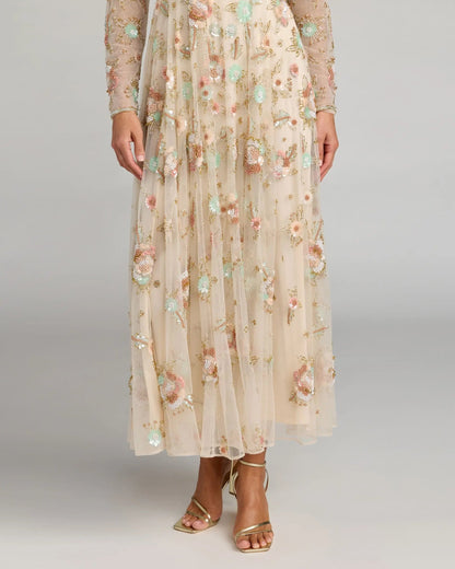 Beige Floral Embellished Long Sleeve Midi Dress