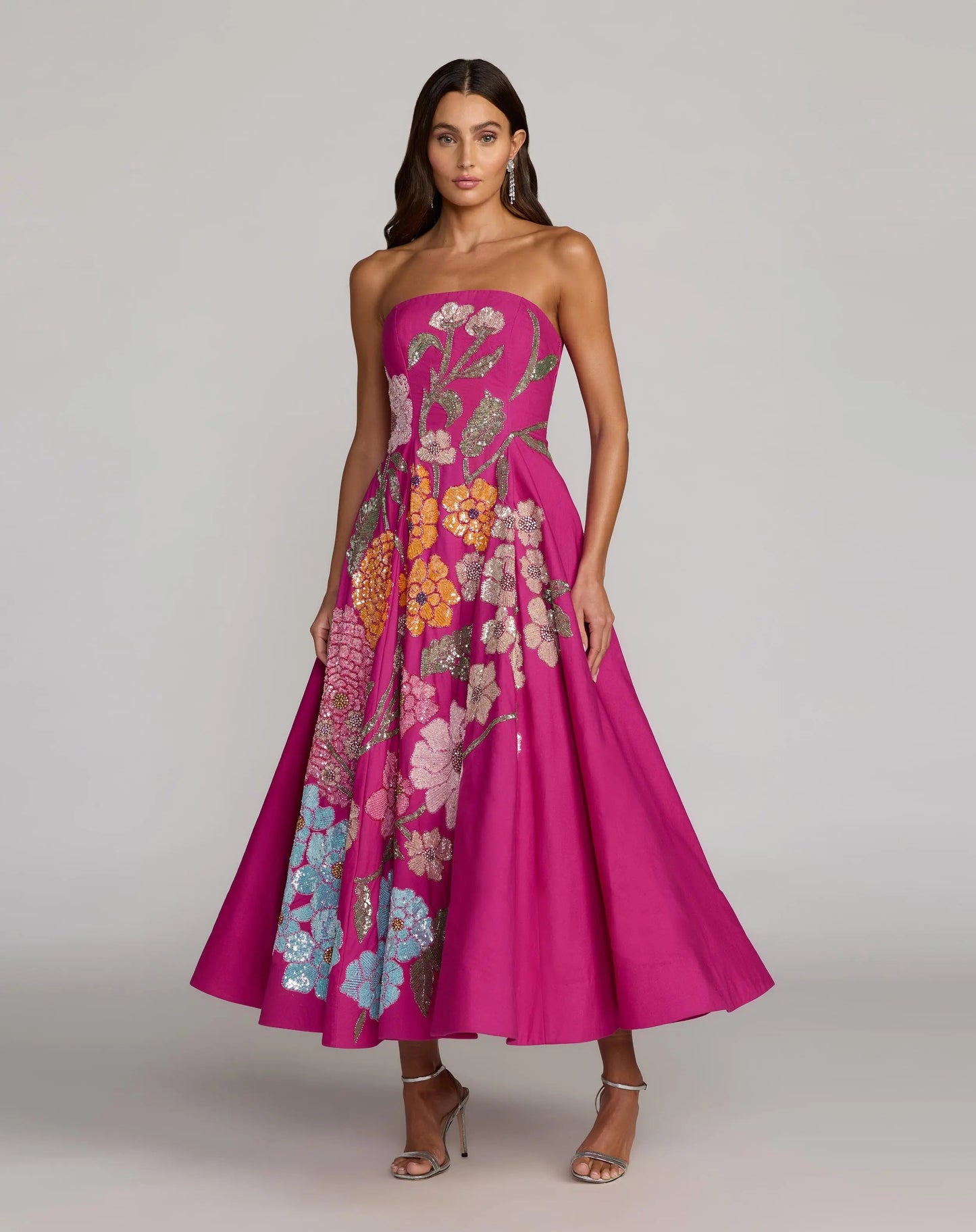 Hot Pink Strapless Floral Embellished Midi Dress