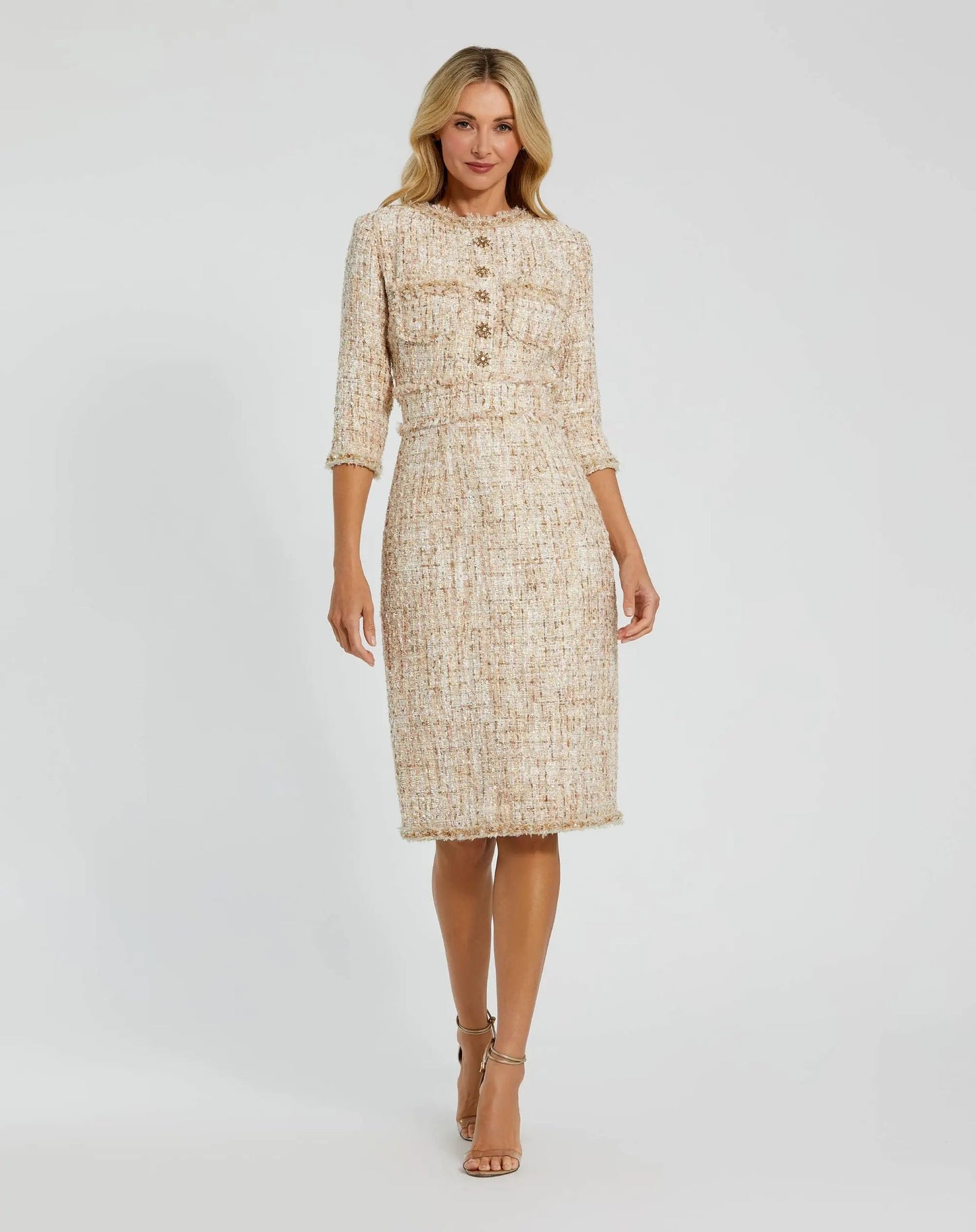Beaded Trim Boucle Midi Dress with 3/4 Sleeves